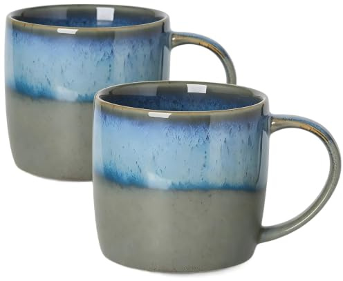 Ceramic Coffee Mugs Set of 2, 11.5oz Stoneware Tea Cups (Blue + Grey) | 330ml Gradient Mug with Handle, Dishwasher Microwave Safe for Home Office, for Latte Tea Beer Cocoa