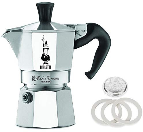 Bialetti Moka Express - Espresso de aluminio con filtro de repuesto y juntas (3 tazas)