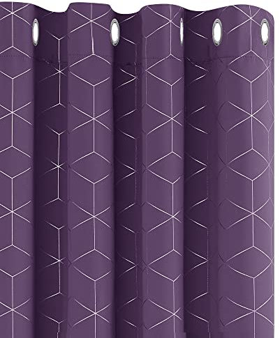 Deconovo Set of 2 Thermal Insulated Blackout Curtains with Eyelets, Dressing Curtains with Silver Pattern, Dark Purple 132 x 229 cm