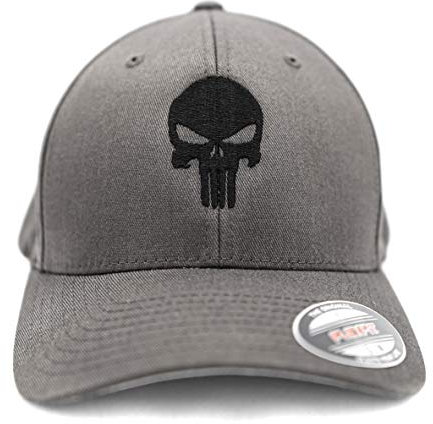 Café Viereck ® Unisex Cap Wooly Combed – Gestickt mit Punisher Zeichen – für Männer und Frauen (Graue Cap mit schwarzem Punisher, L/XL (57-61 cm))