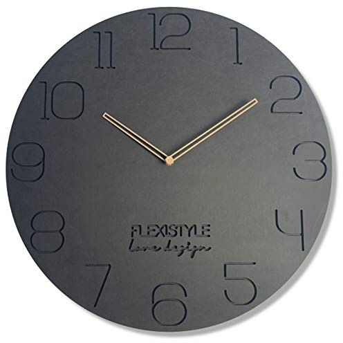 FLEXISTYLE large wall clock 50cm dark grey wooden clock hands sient non ticking unusual design for office living room bedroom