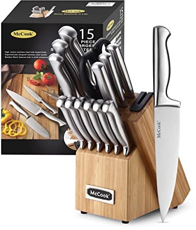 McCook® Knife Sets,German Stainless Steel Knife Block Sets with Built-in Sharpener, 15 Piece Chef Knife and More, Razor Sharp, Restaurant Grade, Anti-Rust, Elegant Box for Gift