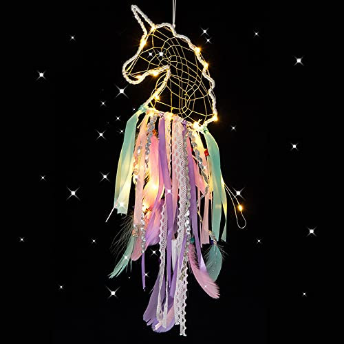 CHMMY LED Einhorn Traumfänger Handgemachte Dreamcatcher Zimmer Deko Federn Wand Dekoration Traumfänger Mädchen Romantische Dekoration für Wandbehang Wohnkultur Ornamente Handwerk
