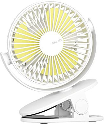 JISULIFE Ventilador de Escritorio Con Clip, Mini Para Cochecito, Recargable USB 4000 mAh, Viento Fuerte, 16 Horas, 4 Modos, Bajo Ruido - Blanco