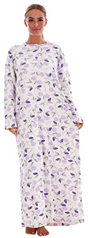 Malay Cotton Thermal Long Nightdress Floral Buttons Crew Neck Ribbed Warm Nightwear Lavender