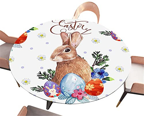Morbuy Tischdecke Rund Ostern, 3D Drucken Tischdecken Elastisch Wasserdicht Abwaschbar Gartentischdecke Küchetischdecke Tischtuch für Küche Garten Outdoor (Durchmesser 120cm,Osterhase)