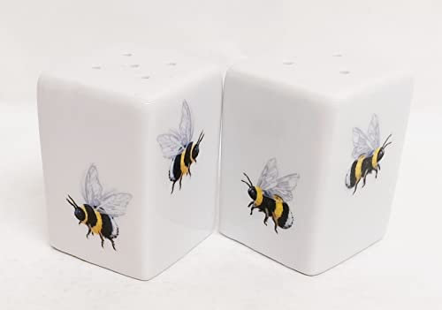 Rainbow Decors Bees Salt & Pepper Set Small Square Ceramic Porcelain Bumblebee Pots Hand Decorated in UK, White