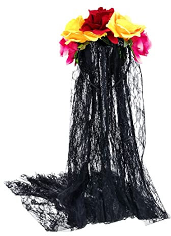 JZK Day Of The Dead Stirnband und Schleier, rotes Rosenblumen-Stirnband mit schwarzem Spitzenschleier, Blumenreif Blumen-Kopfbedeckung für Dia De Los Muertos Kostüm Halloween party Schmuck