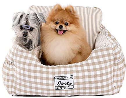 PETEPELA Hundeautositz mit stabil Sicherheitsgurt Weich Hunde Sitzerhöhung Wasserdichter Rutschfester Hundetransportträger für kleine bis mittelgroße Hunde Beige