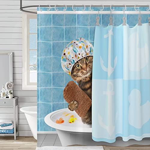Hnmdmyi Duschvorhang Lustige Katze 180x200, Baden Tier Kätzchen Duschvorhänge Niedlich Kinder Blau Badewanne Vorhang Wasserdicht Polyester Stoff Waschbar Badevorhang für Badezimmer mit Haken