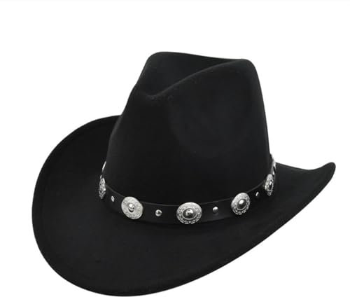 HIQIU Vintage Classisch Cowboyhut Damen Herren,Westernhut Filzhut breite Krempe Gürtelschnalle Dekor Panama Fedora Hut (Schwarz)