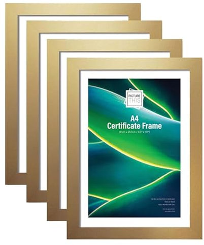 JMS we create smile Set of 4 - A4 Gold Photo Frame Glass Front Wood Certificate Frame | Landscape Wall Mountable/Tabletop Display Picture Frames for Art Wall Gallery Home Office Wall Decor