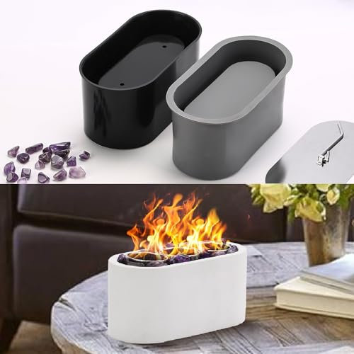 Ovale Silikon-Tisch-Feuerschalenform, 3 Tassen und Amethyst-Steine, für Beton, Schreibtisch, Feuerschale, DIY-Feuerstelle, Kamin, Feuerschalen-Form, mit Löscher (oval)