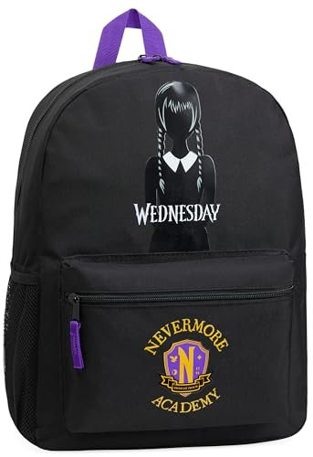 Wednesday Rucksack Kinder mit Vordertasche & seitlichen Netztasche, Schulrucksack 37 x 29 cm Schwarz - Mädchen Geschenke (Schwarz/Gelb)