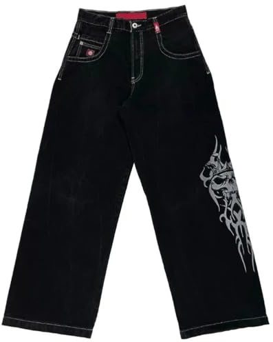 ORANDESIGNE Jeans Y2K Homme Taille Basse Printed Pants Pantalon Unisexe Pantalon Cargo Décontracté Imprimé Hippie Streetwear C Noir S