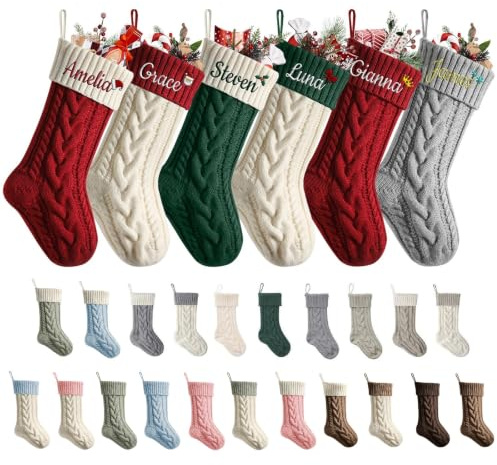 MJARTORIA Nikolausstrumpf Personalisierte Weihnachtsstrumpfe mit Namen 46cm Gestrickt Bestickte Weihnachtssocken Kamin Hängenden Strumpf für Feiertags Familienparty Dekoration，Bunt A：2Pcs