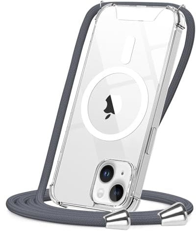 CAROKI Crossbody Lanyard Case for iPhone 13 6.1 inch, Magnetic Case Compatible with MagSafe Transparent Slim PC + TPU Clear Phone Case Cover with Lanyard Strap for iPhone 13-Grey