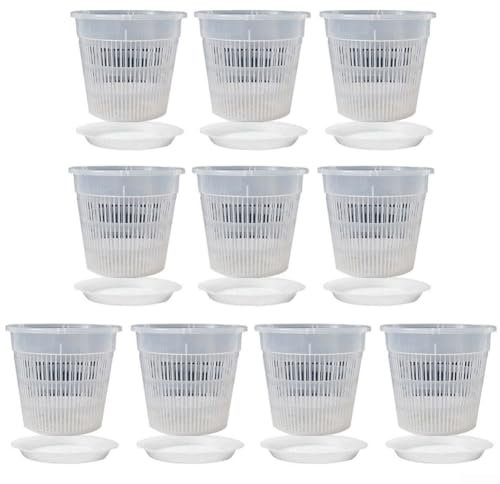 Vasi da fiori traspiranti per orchidee, 10 pezzi, trasparenti, con basi, per tutte le piante da appartamento (140 mm)