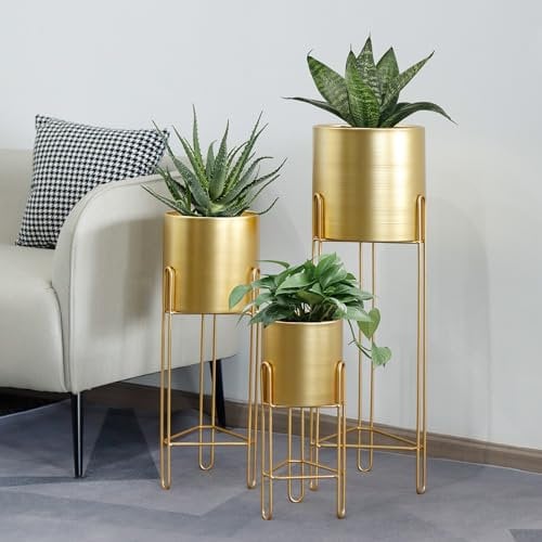 TRIROCKS Set of 3 Morden Planters Flower Pots With Stand for Indoor Outdoor Plants for Living Room Corner Kitchen Office Garden Balcony Patio Decor (Gold)