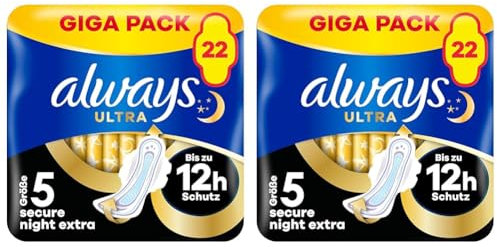 Always Ultra Binden Damen Gr. 5, Secure Night Extra (22 Damenbinden mit Flügeln) Giga Pack, dünn und super saugfähig, geruchsneutralisierend und Auslaufschutz (Packung mit 2)