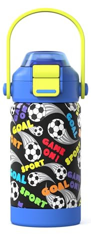 Kiocko Trinkflasche Kinder Edelstahl mit Pop-Open Strohhalm & Spout 2-in-1 Lid.Thermosflasche 350ml BPA Frei - Auslaufsicher - Thermo Wasserflasche für Schule, Kindergarten(Fußball)