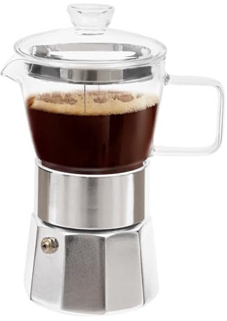 MEHOOSPVN Cafetera espresso de inducción, 240 ml, café italiano, cafetera moka, cafetera de aluminio, con jarra de cristal, base de acero inoxidable, válvula de seguridad, transparente, plata