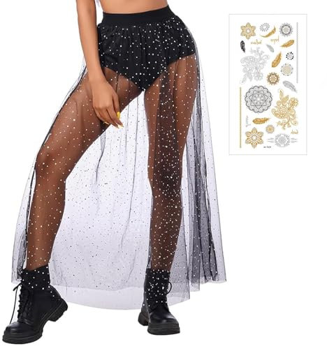 Festival Outfit Damen,Tüllrockl-Code,Glitzer Rock Damen,Kommt mit Einem Tattoo-Aufkleber,Culottes-Zwei-in-Eins-Design,Geeignet für Musikfestivals Partys Tänze Usw(L)