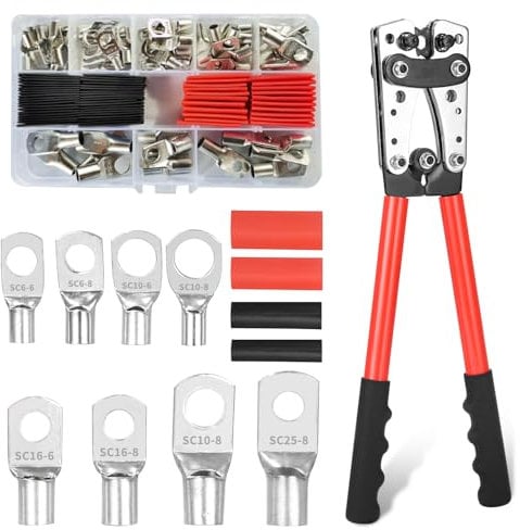 Batteriekabelschuh Crimpzange 6/10/16/25/35/50 mm² Groß Crimpzange 10–1/0 AWG Kabelschuh Zange mit 8 Größen 60 PCS Kupferringklemmen + 60 PCS Schrumpfschlauch,Rot
