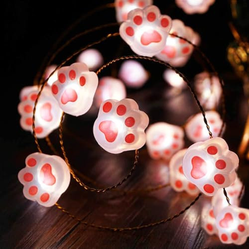 Pfoten Lichterkette,2M 20LED Katze Lichterkette,LED Lichterkette mit Batterie Katze,Lichterkette mit Pfoten,Lichterketten für Außen,Lichterkette Innen Katze,Lichterketten Vorhang,Lichterketten Mini