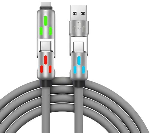 240w RGB 4-in-1 Fast Charging Cable, USB C Cable Super Fast Charging Data Cord, Multi Charger Cable with Breathing Light,240/140100/60/30w Device Data Cables for Phone Tablets and More (Gray)