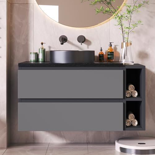 Waschbeckenunterschrank hängend 80cm breit,mit Keramikwaschbecken, mit Schubladen,modernes Design,schwarz-grau