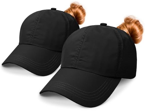 Baseball Cap Damen Kappe Sommer Basecap Pferdeschwanz, Verstellbar Frauen Ponytail Cap Baseballmütze Mesh Atmungsaktiv Sonnenhut Freizeit Kappe mit Zopfloch Outdoor Sports Kreuz Schwarz 2PC