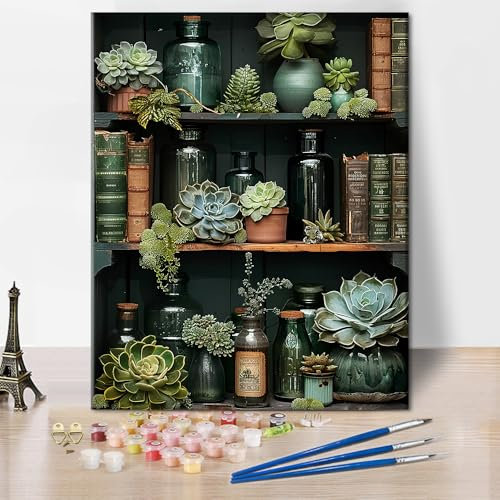 TISHIRON Peinture par numéros pour adultes débutants étagères détaillées avec plantes succulentes, ensemble de tableaux de couleurs pour adultes Littérature classique, bouteilles magnifiques,