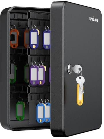 Uniclife Armoire à clés 100 Positions avec Serrure à clé - Boîte de sécurité numérique réinitialisable Noire - Organisateur de clés en Acier avec étiquettes Porte-clés Multicolores - Autocollants et