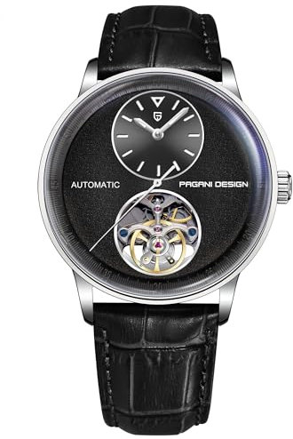Pagani Design Herrenuhr Automatik Mechanisch Skelettdesign mit Kleiner Lünette 42mm Edelstahlgehäuse & PU-Lederband 10ATM wasserdicht (100m) (Schwarz)