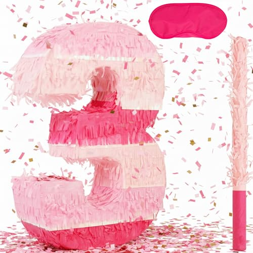 Birchio Rosa Zahlen-Piñata-Set mit Augenbinde und Fledermaus (41 x 27 x 10 cm), Piñata mit der Zahl 3, perfekt für Geburtstagsfeiern, Mädchenpartys und als Dekoration