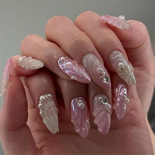 Tressora 24Pcs 3D Handmade Press on for Medium Pink Almond Fake Nails Acrylic Nails Press ons Reusable False Nails with Pearl Rhinestone Design Easy to Apply