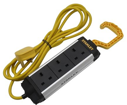 STANLEY 3-Gang 3M Powerboard with Foldable Hook for Easy Attachment to ladders scaffolds or Ground Points - Hi-vis Yellow Cable Increases Job site Safety