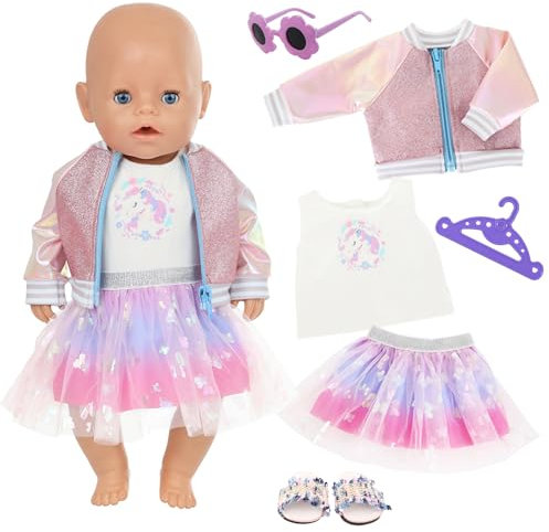 Puppenkleidung für 14-18 Zoll Baby Puppen, 6 Stück Rosa Pony Kleidung Outfits mit Cartoon-Oberteil Ombre-Tüllrock Paillettenjacke Sonnenbrille Kleiderbügel Hausschuhe, Baby Puppen 35-46 cm Kleidung