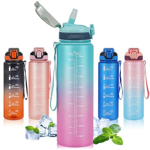 SEASEVEN 1L Water Bottle with Straw,Plastic Drinks Bottle,1 Litre Sports Water Bottles with Time Markings,Girls Boys Waterbottle Leak-Proof & Bpa-Free for Gym,Cycling, Office (Cyan-Pink)