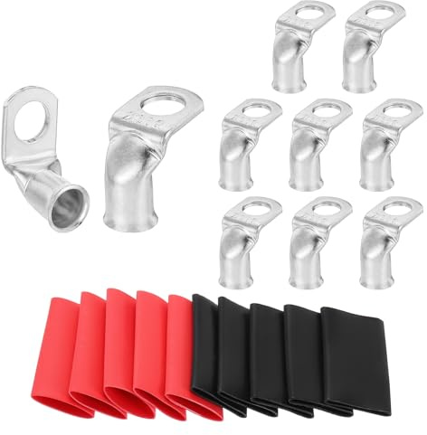 sourcing map 10pcs 2 Awg 90° Bent Copper Lugs Battery Cable Ends, 2 Gauge 3/8 Stud Battery Lugs Ring Terminal Connectors with 10pcs 3:1 Black & Red Heat Shrink Tubing,Silver
