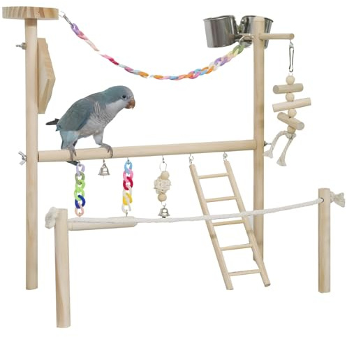Aras Kakadu Trainingsständer Großer Holz Vogelspielplatz mit Schaukeln, Glocken, Leiter, Sitzstangen & Futterschalen
