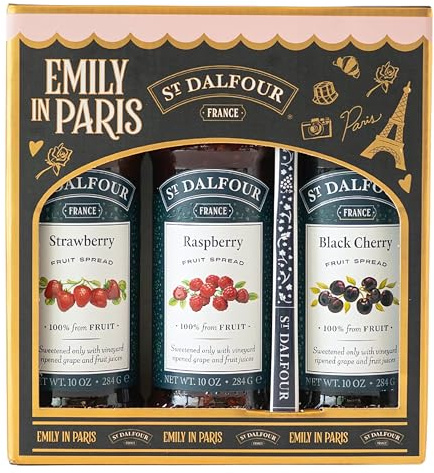 St. Dalfour Pack Regalo – Edición Emily in Paris – 100% fruta, sin azúcar añadido, sin gluten – 3x284g (Mango-Maracuyá/Albaricoque/Arándanos) con cuchara (Fresa, Frambuesa, Cerezas)