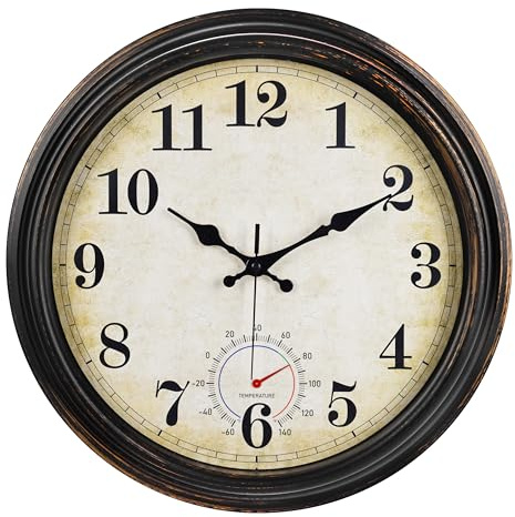 Horizent Grande horloge d'extérieur étanche avec thermomètre - Horloge murale vintage pour salle de bain, terrasse, piscine, jardin (40,6 cm)
