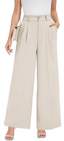Oyamiki Damen Business Baggy Hose Bequeme Weites Bein Stoffhose Marlene Hosen mit Taschen Petite Damenhose Beige Sommer Beige L