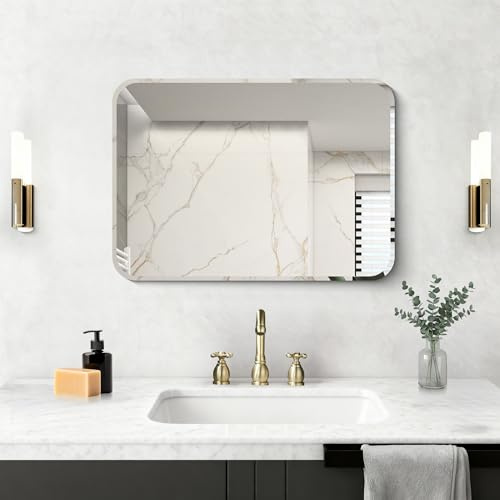 NIMURY Rechteckiger Wandspiegel, 70x50 cm rahmenloser Spiegel mit abgerundeten Ecken und geschnittenem Rand, für Badezimmer, Schlafzimmer und Wohnzimmer, horizontal und vertikal montierbar