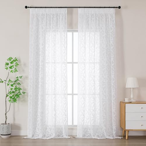 Simplebrand Leah Weiß Lichtdurchlässig Clip Jacquard Voile Ausbrenner Gardine mit Blätter Muster transparenter Vorhang mit Kräuselband Wohnzimmer Gardinenschals B140xH245cm Weiß 2 St