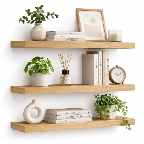 Uervoton Floating Shelves 40cm, Set of 3 Wall Mounted Paulownia Wood Shelves, Rustic Style Storage Display for Bedroom, Living Room, Kitchen, Office, 40 * 15.8 * 2 CM