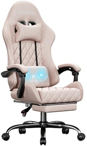 SOLAVERO Chaise Gaming en Suédine, Support Lombaire Massant, Rose | Repose-Pieds Télescopique, Fauteuil Gamer pour Bureau, Facile à Assembler, Charge 150 kg