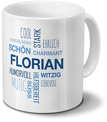 printplanet Tasse mit Namen Florian Positive Eigenschaften Tagcloud - Blau - Namenstasse, Kaffeebecher, Mug, Becher, Kaffeetasse